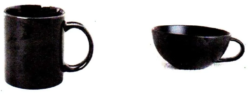 A photo of a black cylindrical mug with a handle on the left and a black hemispherical bowl-shaped cup with a handle on the right.