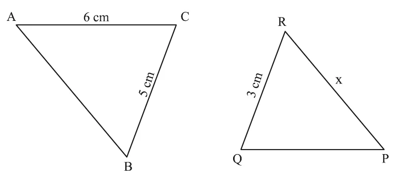 Two triangles side by side: triangle ABC on the left with AC = 6 cm along the top and BC = 5 cm, and triangle QPR on the right with QR = 3 cm and PR = x.