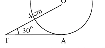 A circle with centre O. The tangent TA touches the circle at A on the bottom. The line TO is drawn from T on the left to O, with OT marked 4 cm and the angle OTA marked 30 degrees.