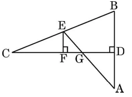 A vertical segment AB with a horizontal line CD from C on the left meeting AB at its mid-point D. E is on CB, F on CD with EF perpendicular to CD, and AE crosses CD at G.