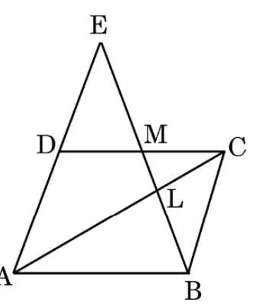 A parallelogram ABCD with A at the bottom left. The line from B through the mid-point M of CD is extended to E above D, and meets the diagonal AC at L.