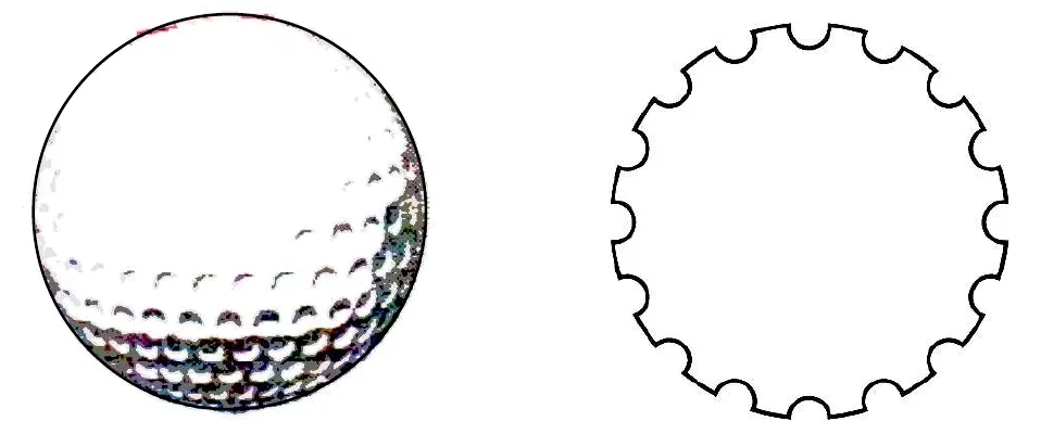 A photo of a white golf ball with dimples, and a cross-section outline of a circle with small scooped-out dimples around its edge.