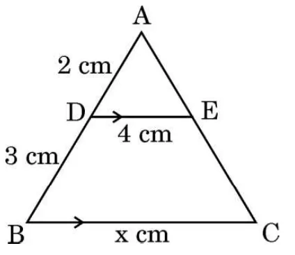 Triangle ABC with DE parallel to BC. AD is 2 cm, DB is 3 cm, DE is 4 cm and BC is x cm.