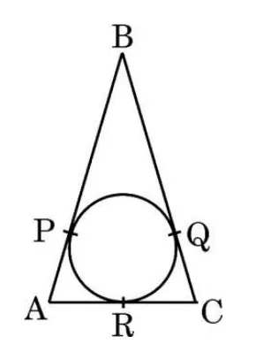 An isosceles triangle ABC with B at the top and A and C at the bottom, and a circle inside touching AB at P, BC at Q and AC at R.