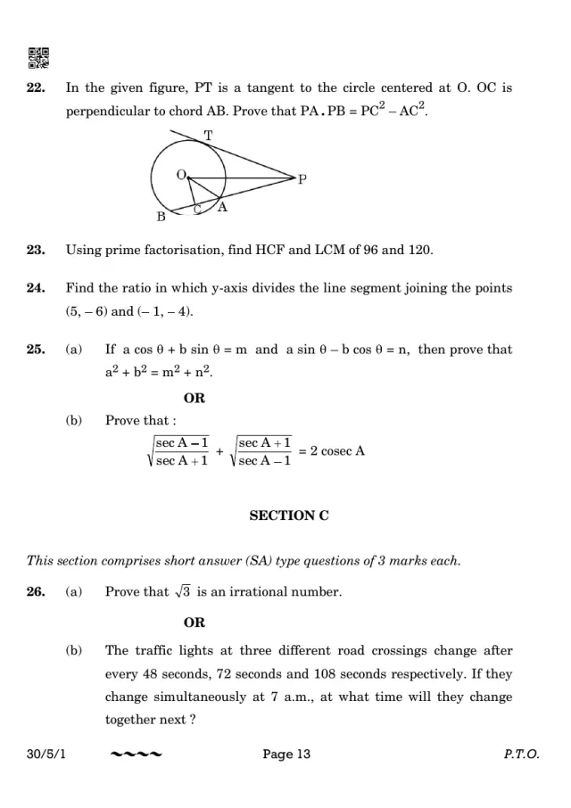 Section B of the CBSE Class 10 Maths Standard 2023 paper, set 30/5/1