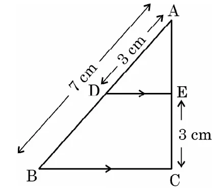A right triangle ABC with the right angle at C, A at the top. DE is drawn parallel to BC with D on AB and E on AC. AD is 3 cm, AB is 7 cm and EC is 3 cm.