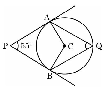 A circle with centre C. Tangents PA and PB from the outside point P on the left touch the circle at A (top) and B (bottom). The angle at P is marked 55 degrees. Q is a point on the circle on the right, joined to A and B.