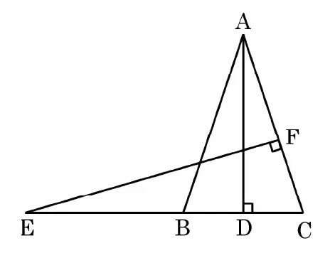 An isosceles triangle ABC with A at the top. The base is extended to the left to the point E. D is on BC with AD perpendicular to BC. EF is drawn perpendicular to AC with F on AC.