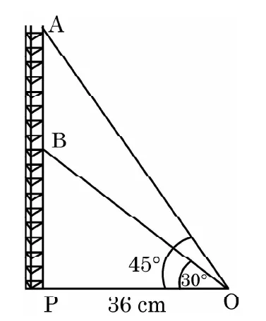 A vertical tower PA standing on the ground at P, with section B partway up and the top of section A at the top. Wires run from the ground point O, 36 cm from P, to B and to A. The angle at O to B is marked 30 degrees and to A is marked 45 degrees.