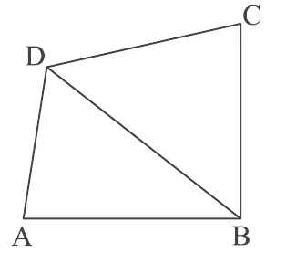 A quadrilateral ABCD with A at the bottom left, B at the bottom right, C at the top right and D at the top left. The diagonal BD is drawn.