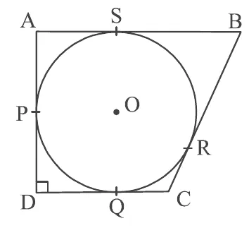 A circle with centre O inscribed in a quadrilateral ABCD. AD is vertical on the left with a right angle at D, DC is along the bottom, AB is along the top and BC slopes on the right. The points of contact are P on AD, Q on DC, R on BC and S on AB.