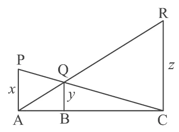 Three vertical lines PA of length x, QB of length y and RC of length z standing on a horizontal line AC. P is joined to C and A is joined to R, and the two lines cross at Q.
