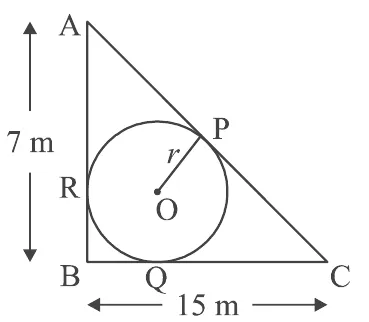 A right triangle ABC with the right angle at B at the bottom left, AB = 7 m on the left and BC = 15 m along the bottom. A circle inside touches AC at P, BC at Q and AB at R, with the radius r drawn from the centre O.
