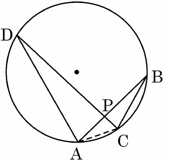 A circle with chords AB and CD crossing at the point P inside it. D is at the upper left, B at the right, A and C at the bottom, and the chords AC and BC are drawn.