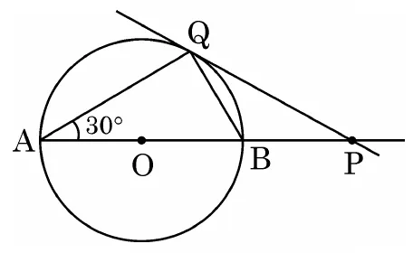 A circle with centre O on the horizontal line AP. A is on the left of the circle and B on the right. The tangent from P touches the circle at Q above B. AQ and BQ are joined and the angle BAQ is 30 degrees.