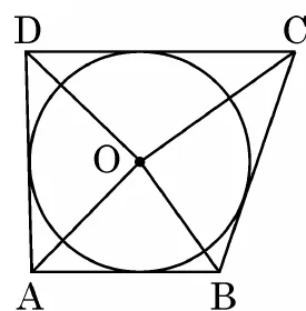 A quadrilateral ABCD with its four sides tangent to a circle with centre O. The diagonals AC and BD pass through O.