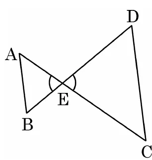 Two triangles meeting at the point E like a bow tie: triangle EAB on the left with A above and B below, and triangle ECD on the right with D above and C below. The angle AEB is marked equal to the angle CED.