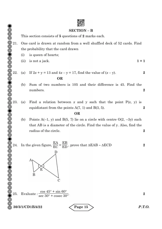 Section B of the CBSE Class 10 Maths Standard 2024 paper, set 30/3/1