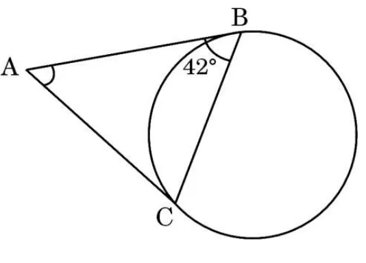 A circle with two tangents AB and AC from the outside point A on the left. The chord BC is drawn and the angle ABC is marked 42 degrees.