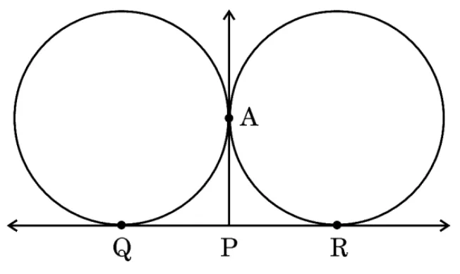 Two equal circles touching at the point A, side by side, with a common tangent QR along the bottom touching them at Q and R. The common tangent at A runs vertically down to P on QR.