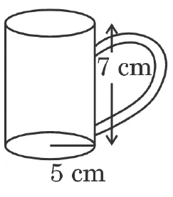 A cylindrical cup with a handle. The height of the cup is marked 7 cm and the base measurement is marked 5 cm.