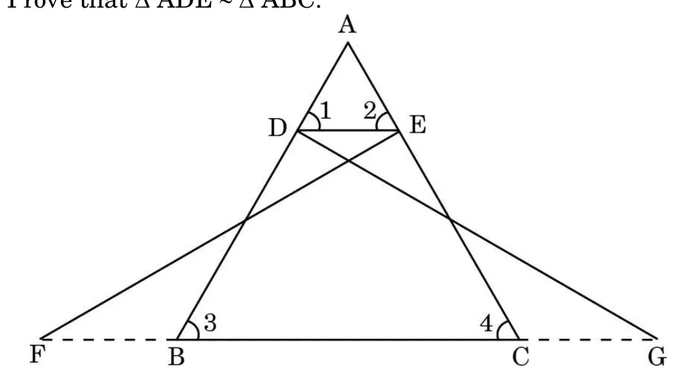 Triangle ABC with a short line DE across the top, D on AB and E on AC, angles 1 and 2 marked at D and E. The base BC is extended to F on the left and G on the right, and the lines FE and GD cross each other inside the triangle. Angles 3 and 4 are marked at B and C.