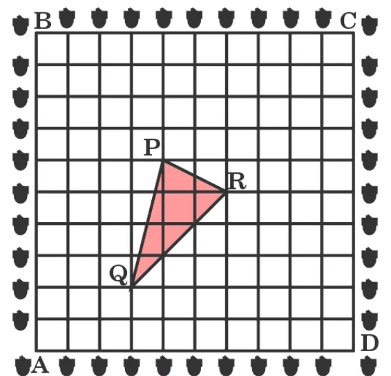 A square garden ABCD drawn on a grid with A at the bottom left, B at the top left, C at the top right and D at the bottom right. Saplings are planted along the boundary. A shaded triangle PQR inside the grid has P near the top, Q at the lower left and R to the right.