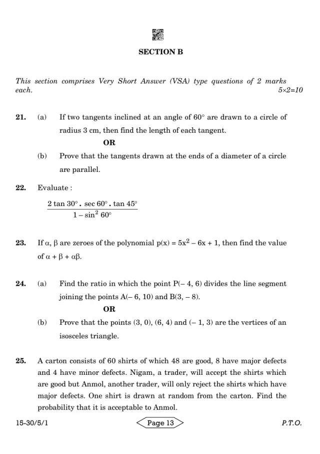 Section B of the CBSE Class 10 Maths Standard 2024 paper, set 30/5/1