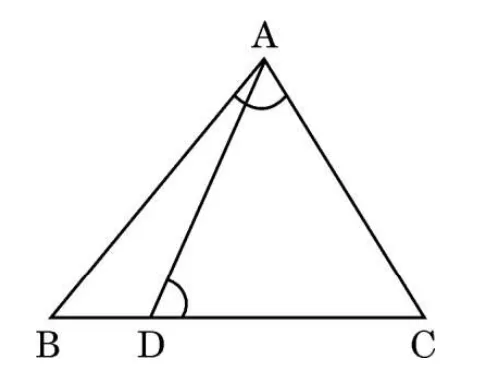 Triangle ABC with a point D on the side BC and a line drawn from A to D. The angle at A and the angle ADC are marked equal.