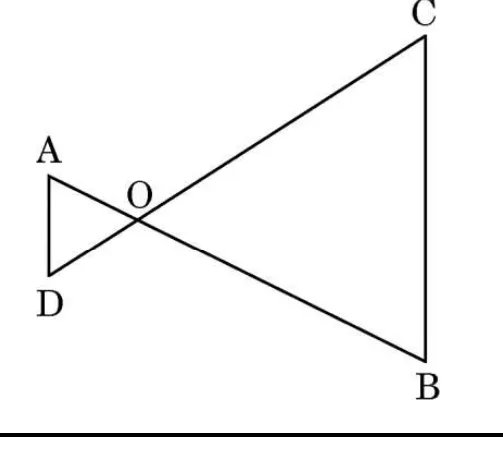 Two triangles meeting at the point O: lines AB and CD cross at O, forming a bow-tie shape with A and D on the left and B and C on the right.