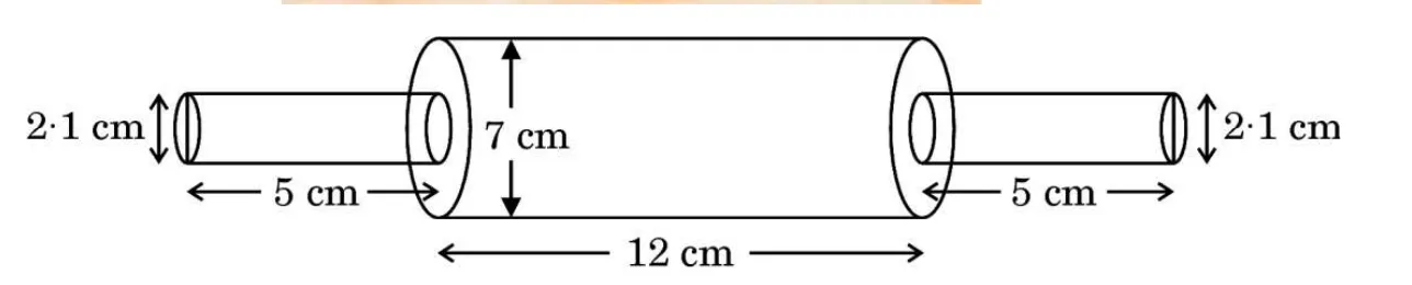 A drawing of the rolling pin with its dimensions: a bigger cylinder 12 cm long with diameter 7 cm, and two smaller cylinders 5 cm long with diameter 2.1 cm on either end.