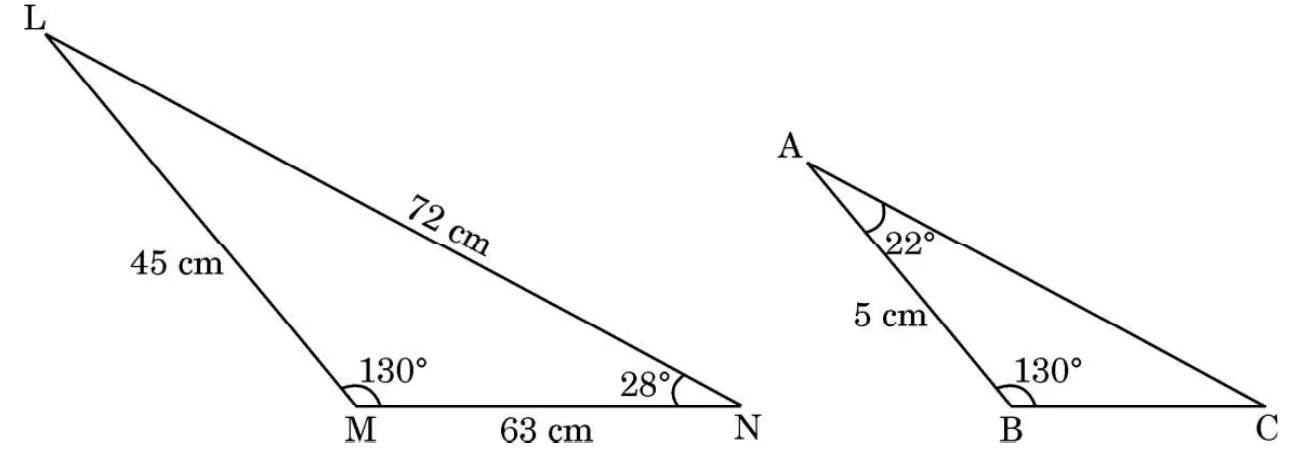 Two triangles. Triangle LMN has LM = 45 cm, MN = 63 cm, LN = 72 cm, angle M = 130 degrees and angle N = 28 degrees. Triangle ABC has AB = 5 cm, angle B = 130 degrees and angle A = 22 degrees.