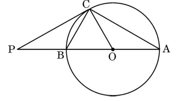 A circle with centre O and diameter AB extended to a point P on the left. PC is a tangent at C on the upper left of the circle. C is joined to B and to A.
