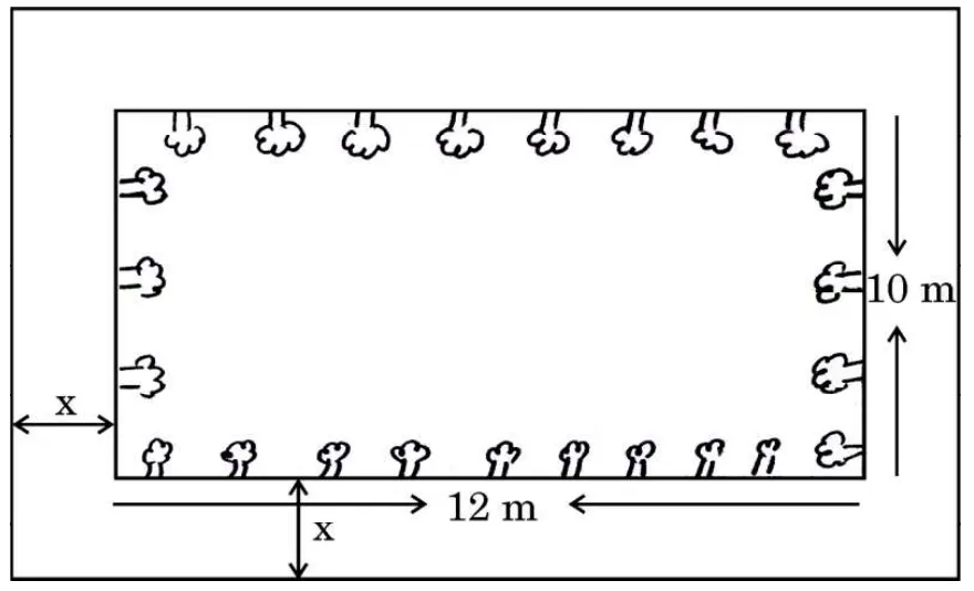 A diagram of a rectangular lawn 12 m by 10 m, with a walkway of width x metres on every side, and trees marked along the edges.