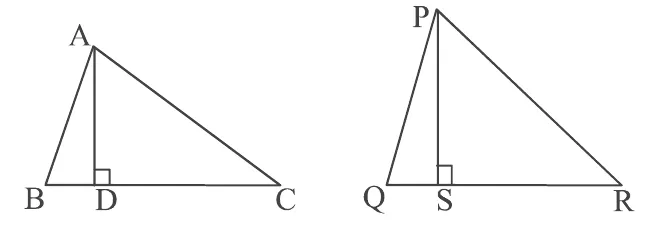 Two triangles ABC and PQR with the altitudes AD to BC and PS to QR drawn.