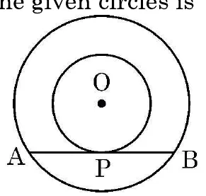 Two circles with the same centre O. The chord AB of the larger circle touches the smaller circle at P.