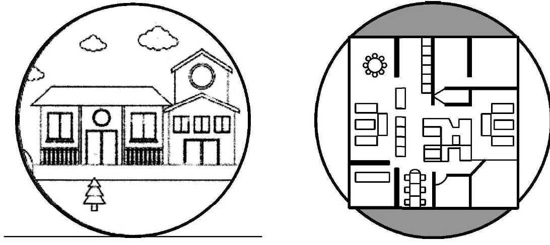 A picture of a house inside a circle, next to a floor plan: the largest square drawn inside the circle, with the segments above and below the square shaded.
