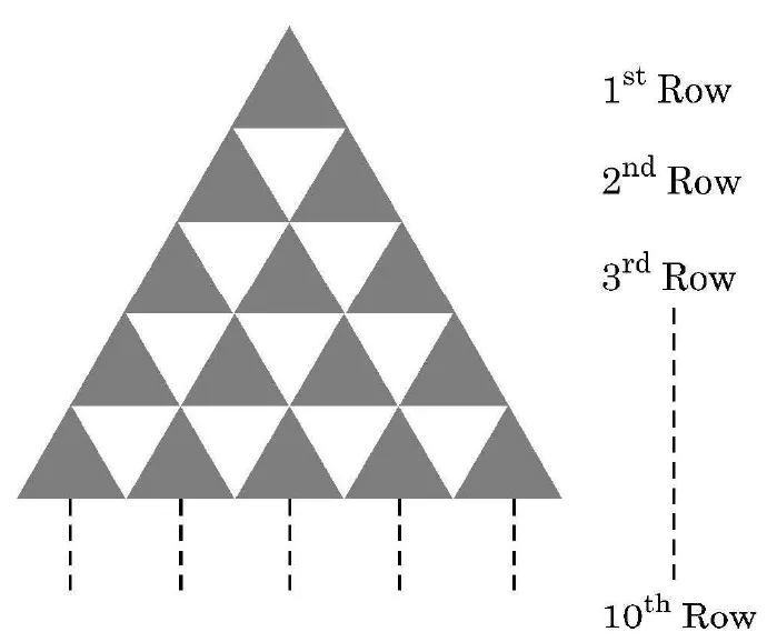 A large equilateral triangle made of small triangles, shaded and unshaded alternately, with 1 triangle in the first row, 3 in the second and so on down to the 10th row.