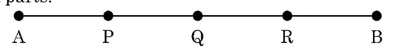 A line segment with five points marked in order: A, P, Q, R, B, equally spaced.