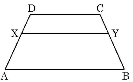 A trapezium ABCD with D and C at the top and A and B at the bottom. A line XY is drawn parallel to the top and bottom sides, with X on AD and Y on BC.