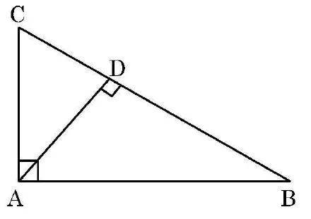 A right triangle CAB with the right angle at A at the bottom left, C directly above A and B to the right of A. The altitude AD is drawn from A to the hypotenuse CB.