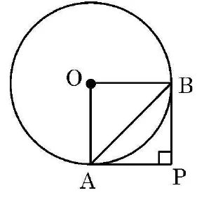 A circle with centre O at the top left. Tangents from P at the bottom right touch the circle at A below O and B to the right of O, forming a square OAPB. The chord AB is drawn.