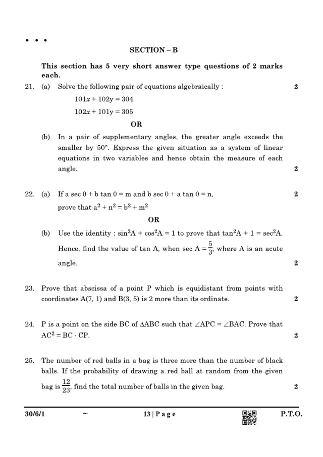 Section B of the CBSE Class 10 Maths Standard 2025 paper, set 30/6/1