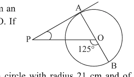 A circle with centre O. P is outside on the left, and PA is a tangent touching the circle at A at the top. The line from A through O reaches B on the circle at the bottom right, and the angle POB is marked 125 degrees.