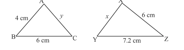 Two triangles. The first, ABC, has AB marked 4 cm, side AC marked y and BC marked 6 cm. The second, XYZ, has XY marked x, XZ marked 6 cm and YZ marked 7.2 cm.