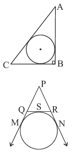 Two figures. First, a right triangle ABC with the right angle at B at the bottom right and a circle inside touching all three sides. Second, a triangle PQR with a circle below the side QR touching QR at S and the extended sides PQ and PR at M and N.