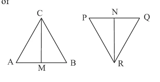 Two triangles side by side. In triangle ABC the median CM is drawn from C to M on AB. In triangle PQR the median RN is drawn from R at the bottom to N on PQ.