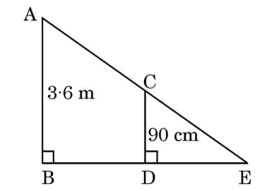 A tall lamp post AB standing on the ground at B with the lamp at the top A. A shorter vertical line CD stands on the ground at D, joined to the end of the shadow E on the ground. A line from A passes through the top C of the girl to E.