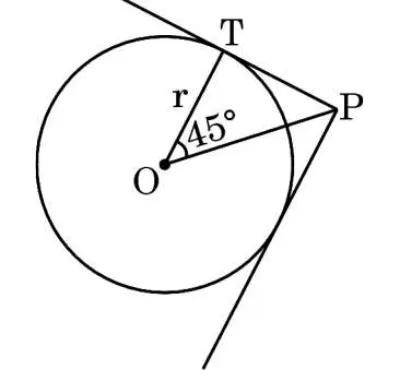 A circle with centre O and radius r drawn to T at the top. PT is a tangent from the outside point P on the right, and the angle POT is marked 45 degrees.