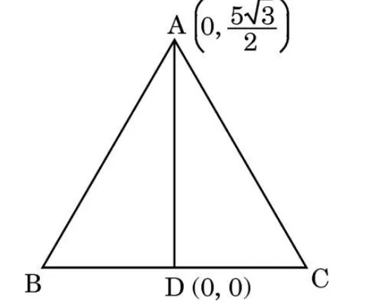 An equilateral triangle ABC with A at the top, A at 0 comma 5 root 3 over 2, and the base BC on the x-axis with D at the origin at the middle of the base. The median AD is drawn.